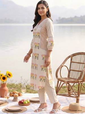 women ethnic motifs printed regular cotton kurta with trousers 3