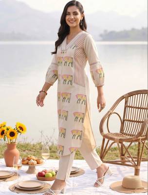 women ethnic motifs printed regular cotton kurta with trousers 6