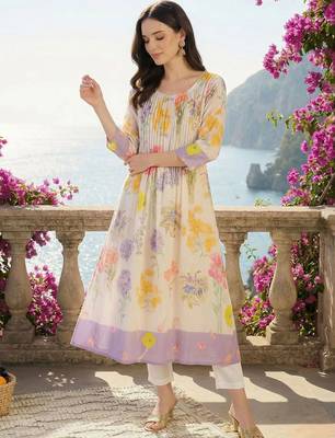 women floral printed regular cotton kurta with trousers 1