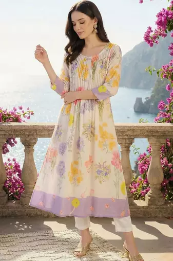 women floral printed regular cotton kurta with trousers