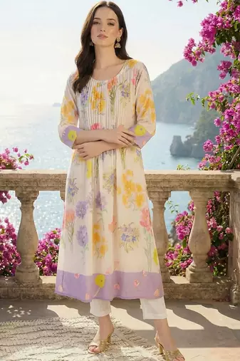 women floral printed regular cotton kurta with trousers