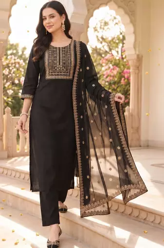women ethnic motifs embroidered regular thread work kurta with trousers & with dupatta