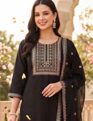 women ethnic motifs embroidered regular thread work kurta with trousers & with dupatta 2