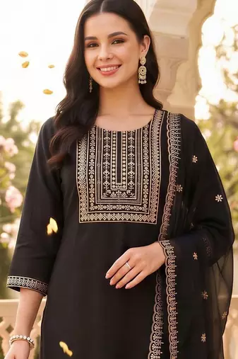 women ethnic motifs embroidered regular thread work kurta with trousers & with dupatta