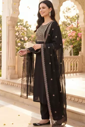 women ethnic motifs embroidered regular thread work kurta with trousers & with dupatta