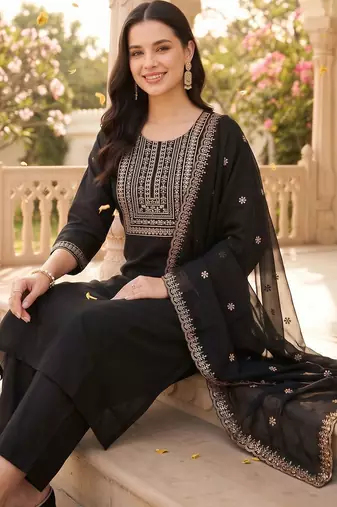 women ethnic motifs embroidered regular thread work kurta with trousers & with dupatta