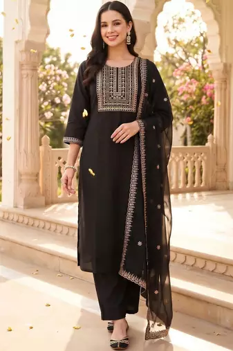 women ethnic motifs embroidered regular thread work kurta with trousers & with dupatta