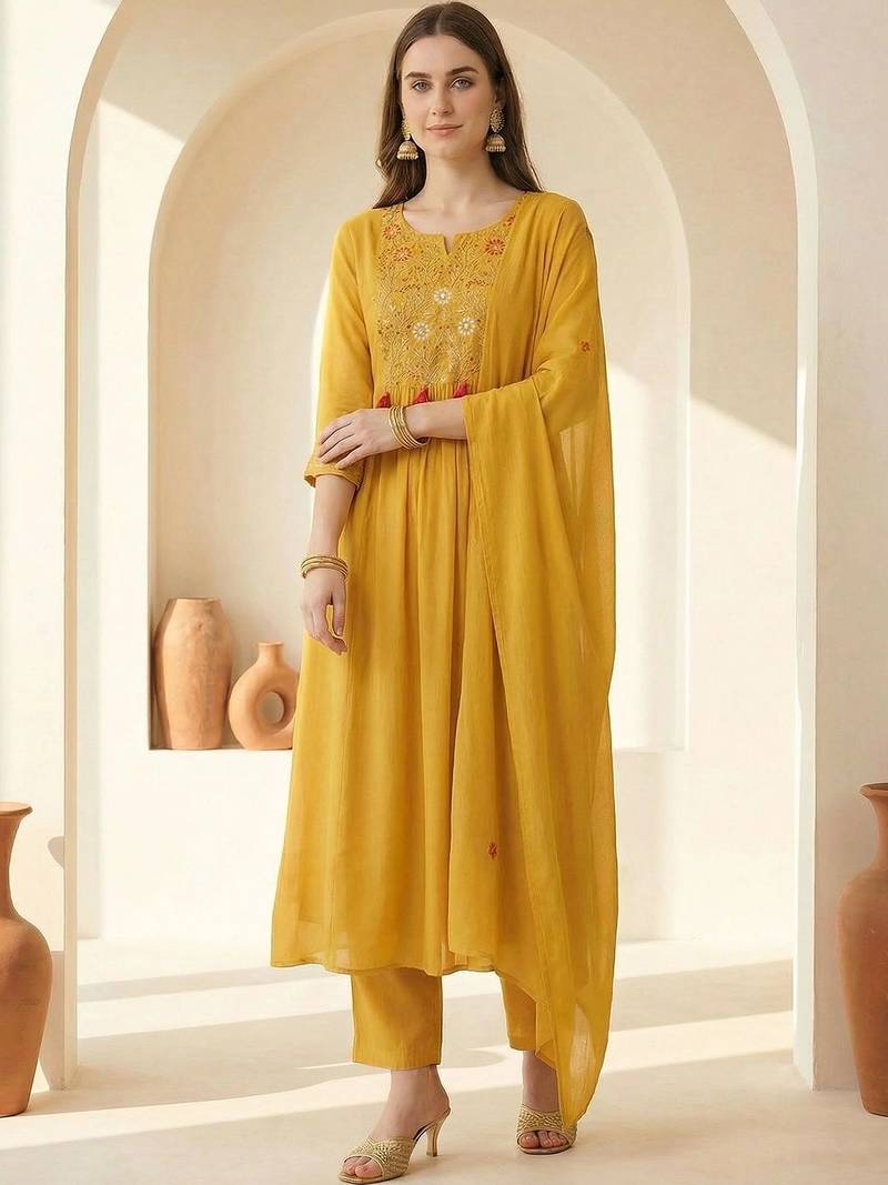 women floral embroidered regular thread work kurta with trousers & with dupatta