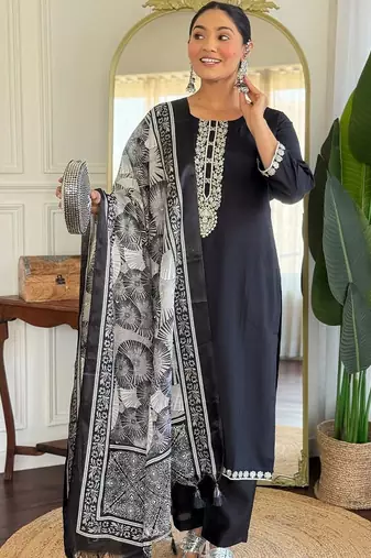 women ethnic motifs embroidered regular thread work kurta with trousers & with dupatta