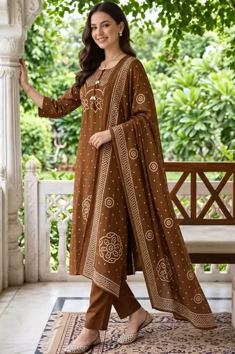 women ethnic motifs printed regular cotton kurta with trousers & with dupatta