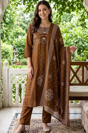 women ethnic motifs printed regular cotton kurta with trousers & with dupatta
