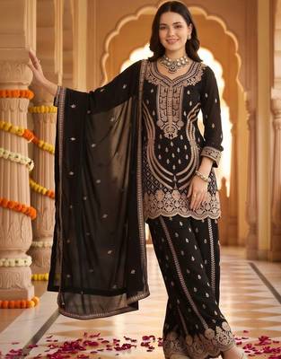 women ethnic motifs embroidered regular thread work kurta with sharara & with dupatta 1