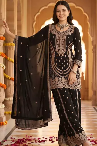 women ethnic motifs embroidered regular thread work kurta with sharara & with dupatta