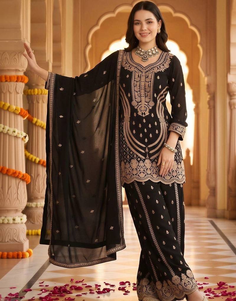 women ethnic motifs embroidered regular thread work kurta with sharara & with dupatta
