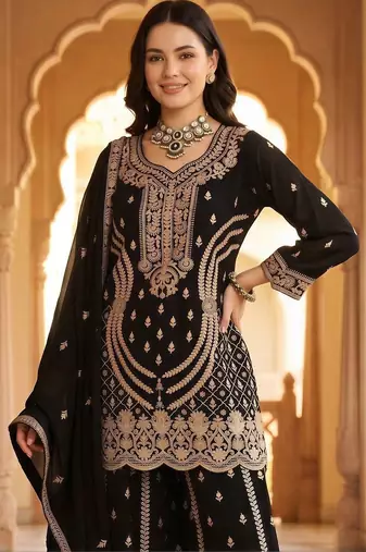 women ethnic motifs embroidered regular thread work kurta with sharara & with dupatta