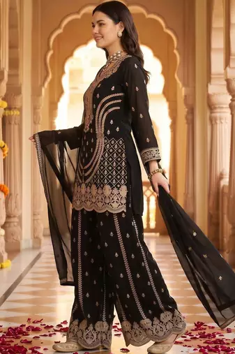 women ethnic motifs embroidered regular thread work kurta with sharara & with dupatta