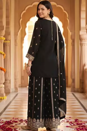 women ethnic motifs embroidered regular thread work kurta with sharara & with dupatta