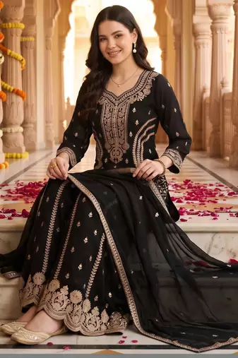 women ethnic motifs embroidered regular thread work kurta with sharara & with dupatta
