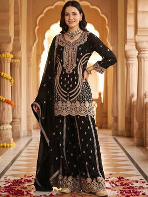 women ethnic motifs embroidered regular thread work kurta with sharara & with dupatta 6