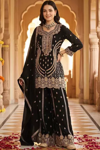 women ethnic motifs embroidered regular thread work kurta with sharara & with dupatta