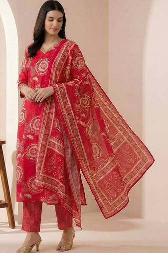 women ethnic motifs printed regular chanderi silk kurta with trousers & with dupatta