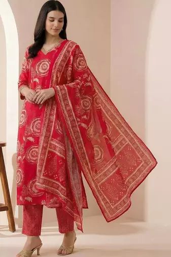 women ethnic motifs printed regular chanderi silk kurta with trousers & with dupatta