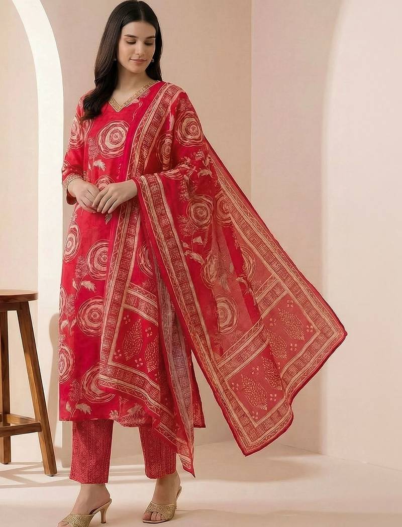 women ethnic motifs printed regular chanderi silk kurta with trousers & with dupatta