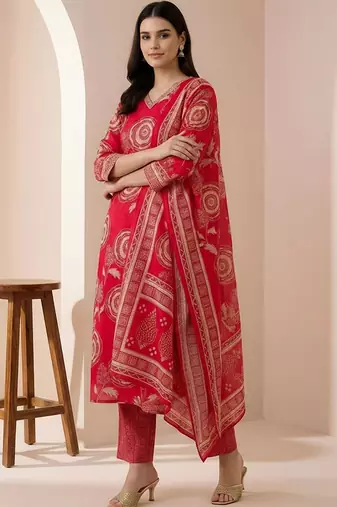 women ethnic motifs printed regular chanderi silk kurta with trousers & with dupatta