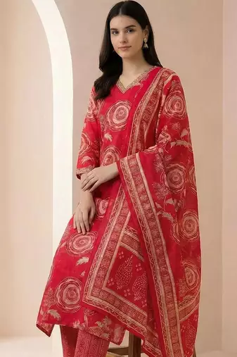 women ethnic motifs printed regular chanderi silk kurta with trousers & with dupatta