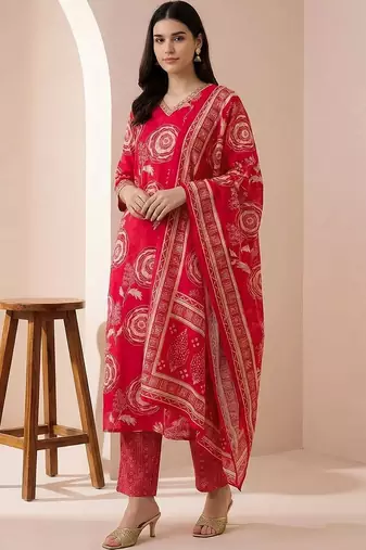 women ethnic motifs printed regular chanderi silk kurta with trousers & with dupatta