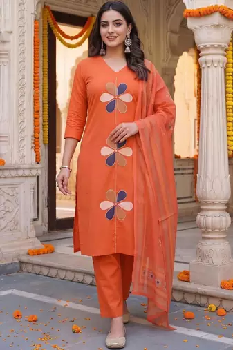 women ethnic motifs regular cotton kurta with trousers & with dupatta