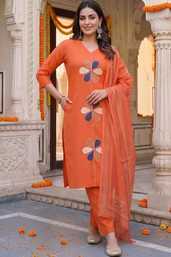 women ethnic motifs regular cotton kurta with trousers & with dupatta
