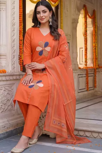 women ethnic motifs regular cotton kurta with trousers & with dupatta