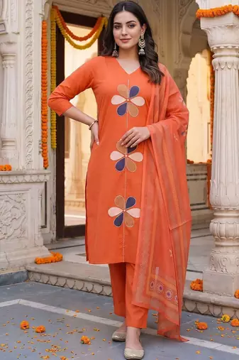 women ethnic motifs regular cotton kurta with trousers & with dupatta