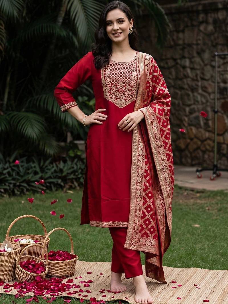 women ethnic motifs embroidered regular kurta with trousers & with dupatta