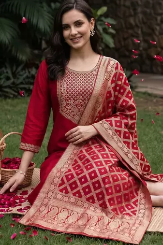 women ethnic motifs embroidered regular kurta with trousers & with dupatta