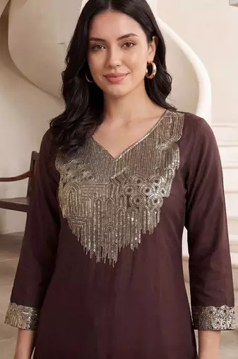 women ethnic motifs regular sequinned kurta with trousers