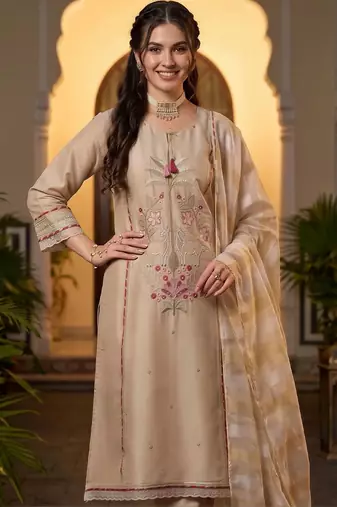 women ethnic motifs embroidered regular thread work kurta with trousers & with dupatta