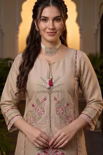 women ethnic motifs embroidered regular thread work kurta with trousers & with dupatta