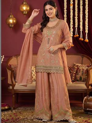 women ethnic motifs embroidered regular mirror work kurta with sharara & with dupatta 1