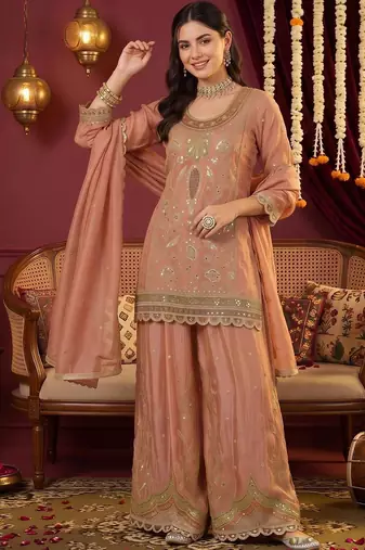 women ethnic motifs embroidered regular mirror work kurta with sharara & with dupatta