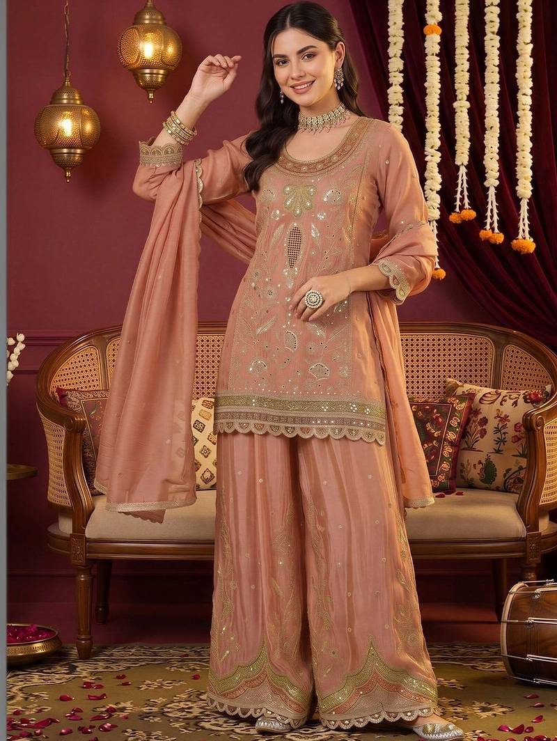 women ethnic motifs embroidered regular mirror work kurta with sharara & with dupatta