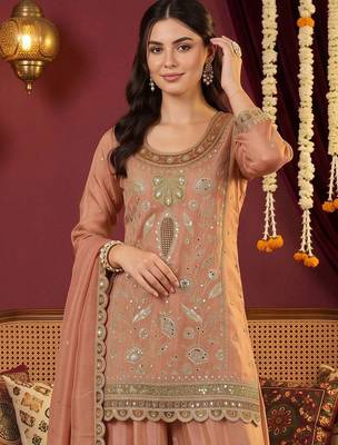 women ethnic motifs embroidered regular mirror work kurta with sharara & with dupatta 2
