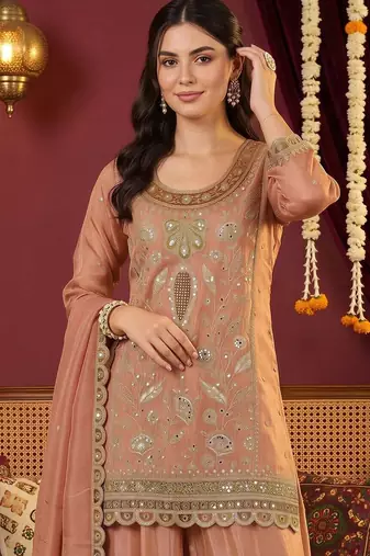 women ethnic motifs embroidered regular mirror work kurta with sharara & with dupatta