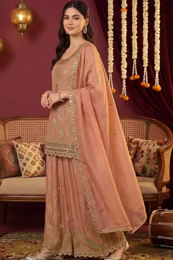 women ethnic motifs embroidered regular mirror work kurta with sharara & with dupatta