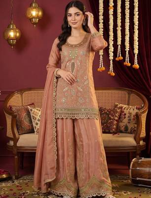 women ethnic motifs embroidered regular mirror work kurta with sharara & with dupatta 6