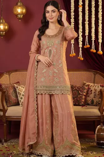 women ethnic motifs embroidered regular mirror work kurta with sharara & with dupatta