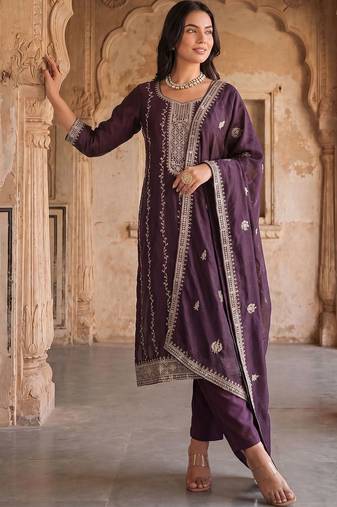 women ethnic motifs embroidered regular thread work kurta with trousers & with dupatta