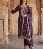women ethnic motifs embroidered regular thread work kurta with trousers & with dupatta