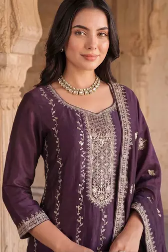 women ethnic motifs embroidered regular thread work kurta with trousers & with dupatta